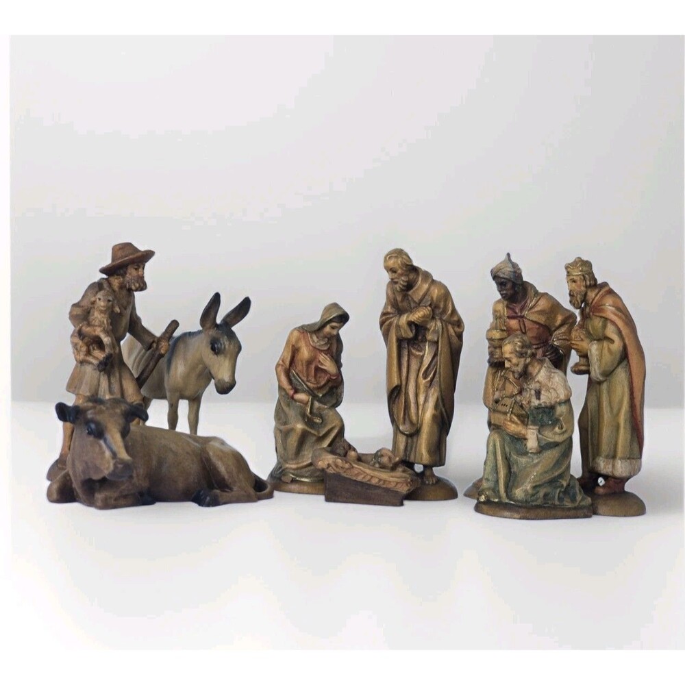 ANRI Italy Vintage 9 Pc Wood Nativity Set Holy Family Wise Men Animals 3”